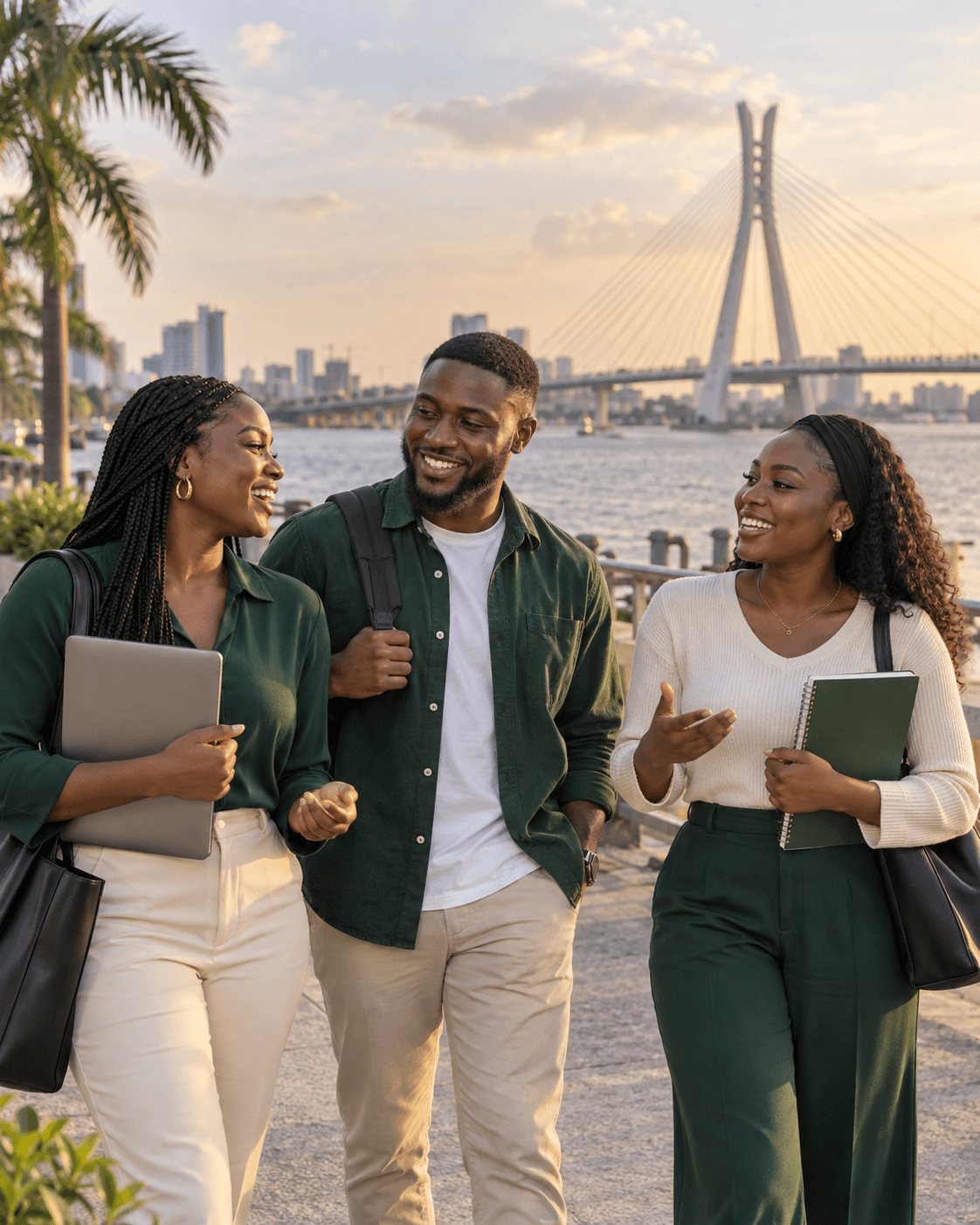 Illustration of Nigerian postgraduate students by the Lagos waterfront and Lekki-Ikoyi bridge